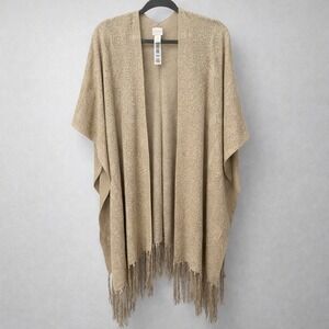 Chicos Womens Poncho OS Gold Metallic Paisley Fringe Wrap Scarf Boho Wrap Layers